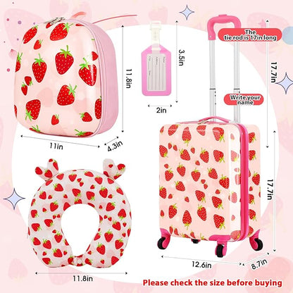 Sanwuta 4 Pcs Kids Luggage Set Backpack Travel Rolling Suitcase U-shape Pillow Christmas Children Gift for Girls Boys(17 Inch,Strawberry Style,Light Pink)