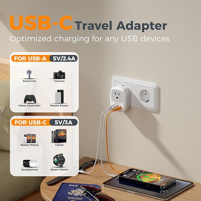 2 Pack European Travel Plug Adapter, TESSAN US to Europe Plug Adapter with 3 USB Ports (1 USB C), Type C Power Outlet for EU International Italy Iceland Spain France Germany
