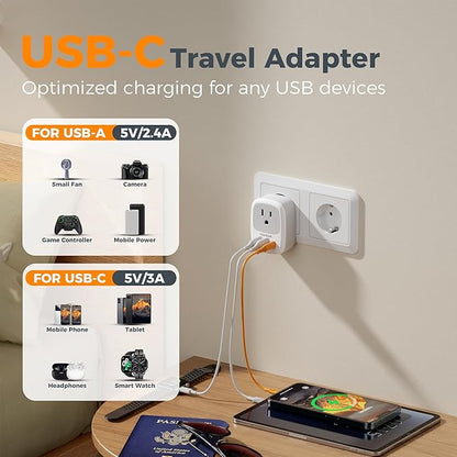 2 Pack European Travel Plug Adapter, TESSAN US to Europe Plug Adapter with 3 USB Ports (1 USB C), Type C Power Outlet for EU International Italy Iceland Spain France Germany