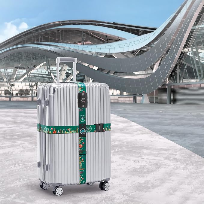 Travelkin Luggage Straps TSA Approved - Adjustable Cross Suitcase Straps with TSA Lock, Reinforced Buckle, Unique Pattern - Secure Heavy Duty Luggage Straps for Travel (Green)