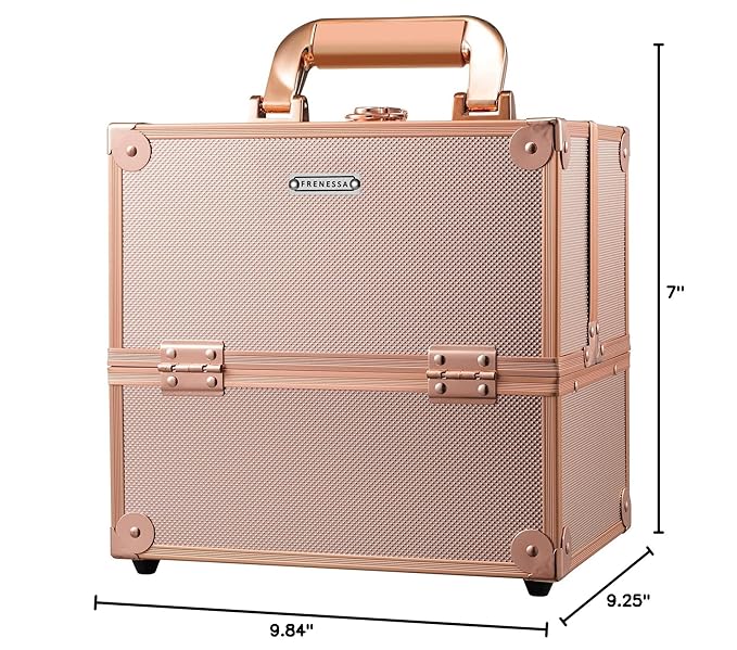 FRENESSA Makeup Train Case Makeup Case Travel Cosmetic Box Organizer Portable Make Up Box with Dividers Lockable for Artist Nail Sewing Vanity Storage Makeup Travel Case Rose Gold