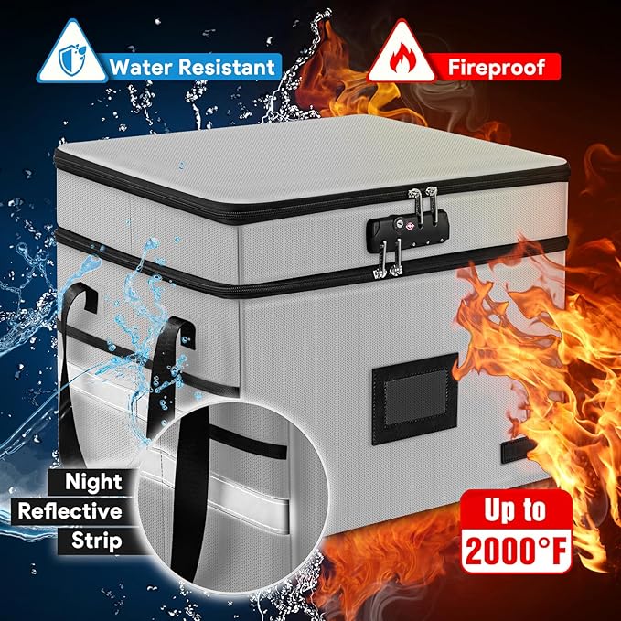 Fireproof Document Box with Lock, 2-Layer File Box Storage Organizer with 5 Tabs& Insert, Portable File Cabinet Storage Box with Handle for Hanging Letter,Legal Size Folder/Certificate, Silver Grey