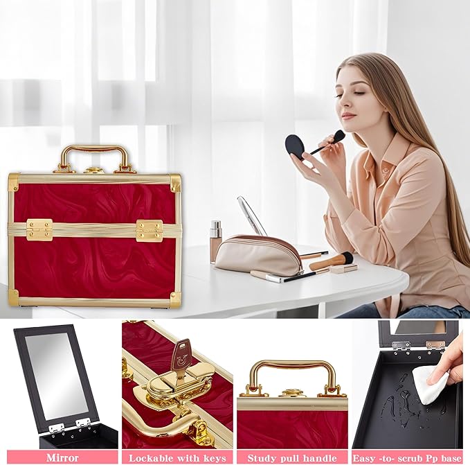 Makeup Train Case, Portable Makeup Case with Mirror, 2-Trays Cosmetic Organizer Case,Nail Polish Organizer, Travel Makeup Box, Profesional for Salon Barber, Pattern Red