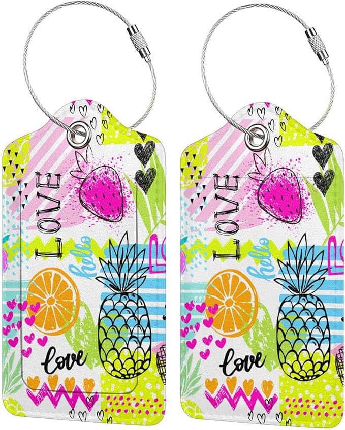 2 Pieces Funny Fruits Luggage Tags for Suitcases Women Girls, Colorful Bag Tags with Pineapple, Strawberry, Love Pattern, Cute Leather Labels Privacy Protection Travel Tag