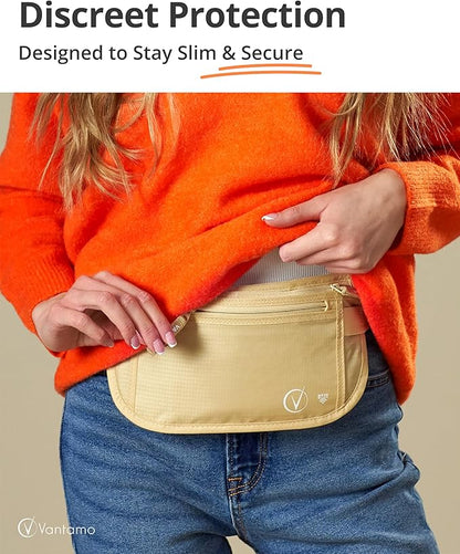 Vantamo Money Belt with RFID For Men & Women, Hidden Passport Holder for Travel, 2 Compartment Travel Fanny Pack for Women Anti Theft