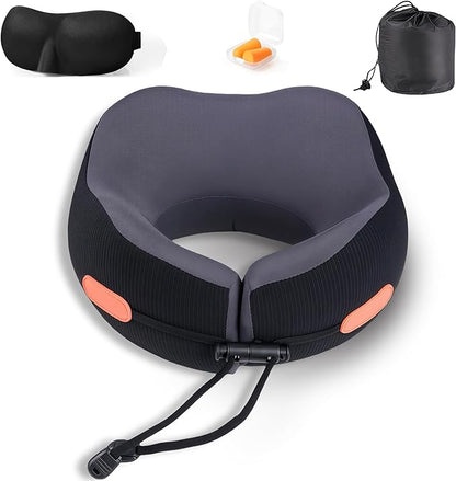 Travel Neck Pillow for Airplane, Ergonomic Design, Travel Pillow with Memory Foam, with 360-Degree Head Support, Adjustable Strapm, Secure Fit, for Flights, Car Rides, and Home Rest (Black)