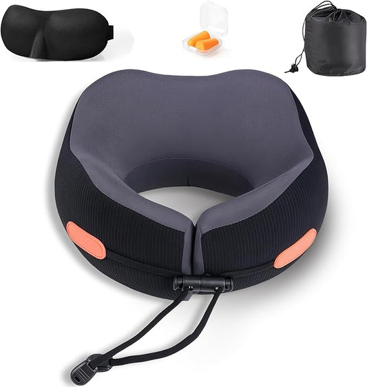 Travel Neck Pillow for Airplane, Ergonomic Design, Travel Pillow with Memory Foam, with 360-Degree Head Support, Adjustable Strapm, Secure Fit, for Flights, Car Rides, and Home Rest (Black)