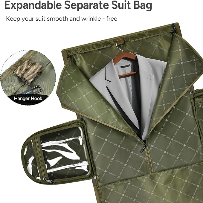 travel inspira Convertible Garment Bag 2 in 1 Carry On Garment Duffle Weekender 45L with Extended Shoe Compartment, Waterproof Nylon, Hanging Hook for Travel Business Men, Army Green
