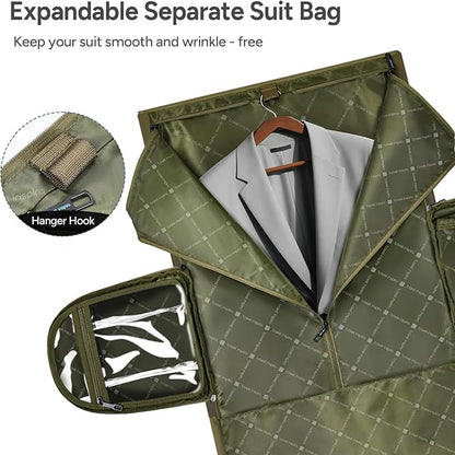 travel inspira Convertible Garment Bag 2 in 1 Carry On Garment Duffle Weekender 45L with Extended Shoe Compartment, Waterproof Nylon, Hanging Hook for Travel Business Men, Army Green
