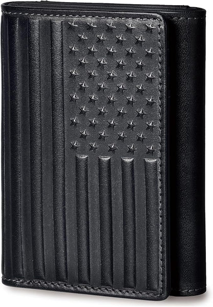 Trifold Leather Wallet for Men RFID Blocking – Mens Trifold Wallet Leather with 12 Card Slots, Gift for Men, American Flag Wallet Black