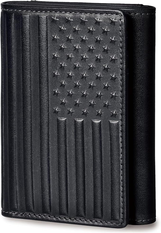 Trifold Leather Wallet for Men RFID Blocking – Mens Trifold Wallet Leather with 12 Card Slots, Gift for Men, American Flag Wallet Black