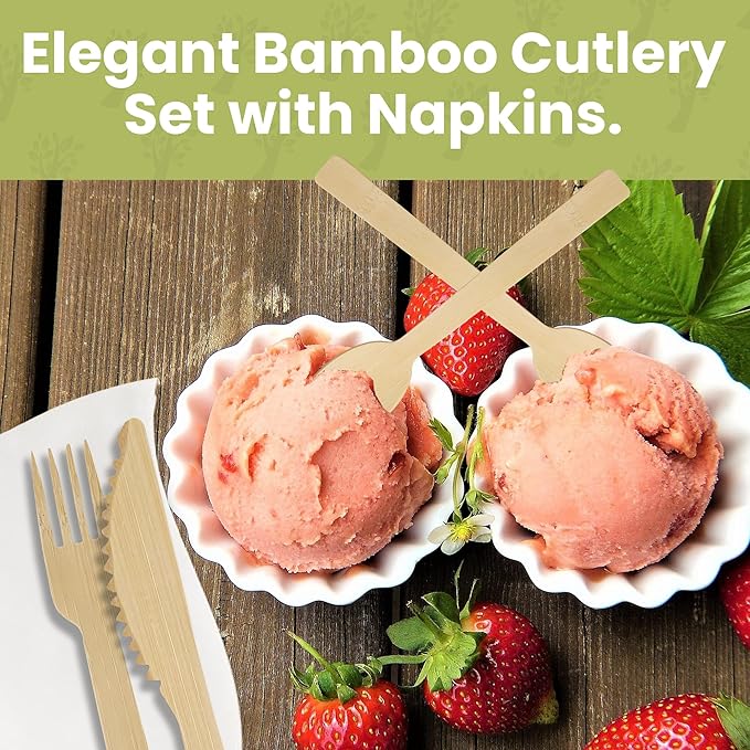 Bamboo Cutlery Set 200 PCS | 50 Packs of Pre Rolled Utensils with Napkins | Eco Friendly Disposable Cutlery for Weddings, Parties, Camping & Events | Each Pack Includes Fork, Knife & Spoon