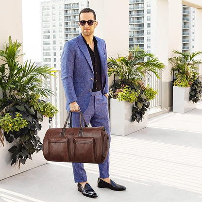 Modoker Convertible Leather Garment Bag, Carry on Garment Bags for Travel Waterproof Garment Duffel Bag Gifts for Men Women Business - 2 in 1 Hanging Suitcase Suit Travel Bags in Brown