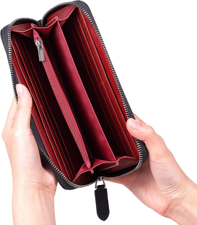 VISOUL Leather Long Zippered Pouch Wallet for Men with RFID Blocking Two-tone, Large Carbon Fiber Leather Clutch Cash Long Wallet with Zipper (Black+Burgundy)
