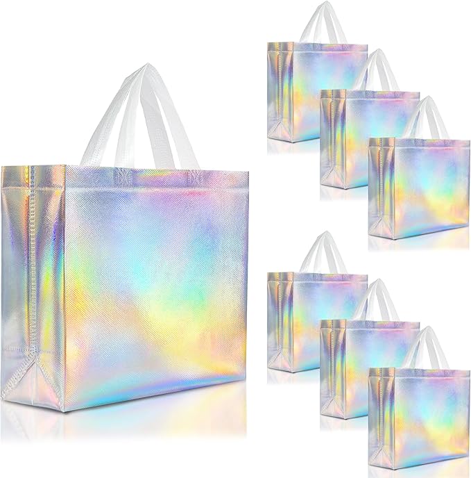 Nush Nush Iridescent Large Gift Bags Bulk - Set of 30 Holographic Reusable Gift Bags with Handles - Ideal Goodie Bag for Small Business, Parties and Events, Christmas Gifts - 13x5x11 Size