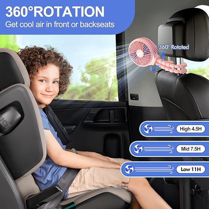 WiHoo Portable Stroller Fan, 11H Ultra-long Battery Life 3 Speed 360°Rotate, USB Rechargeable or Battery Operated Cooling Clip On Personal Fan for Baby Crib Travel Car Seat Pink