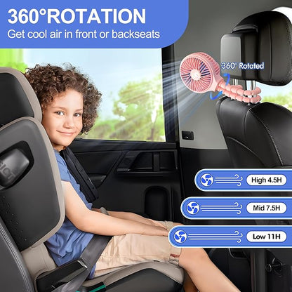 WiHoo Portable Stroller Fan, 11H Ultra-long Battery Life 3 Speed 360°Rotate, USB Rechargeable or Battery Operated Cooling Clip On Personal Fan for Baby Crib Travel Car Seat Pink