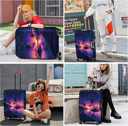 ANNA QUEEN Tropical Sunset Luggage Cover, Vibrant Palm Tree & Sunset Design, Stretchable, Washable Travel Sleeve for 20-34 Inch Suitcases