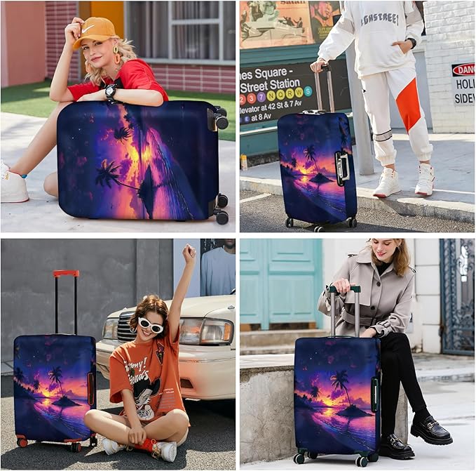 ANNA QUEEN Tropical Sunset Luggage Cover, Vibrant Palm Tree & Sunset Design, Stretchable, Washable Travel Sleeve for 20-34 Inch Suitcases