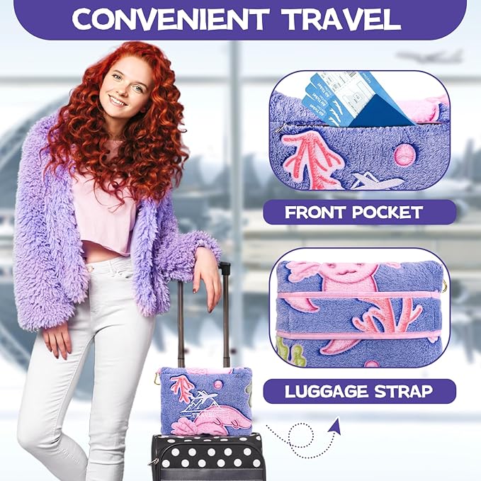 Axolotl Blanket for Airplane Travel - Glow in The Dark Kids Travel Blanket Pillow Set for Plane, Car - Axolotl Gifts Toys for Girls, Small Soft Purple Fleece Throw for Teens Girls 40" x 60"