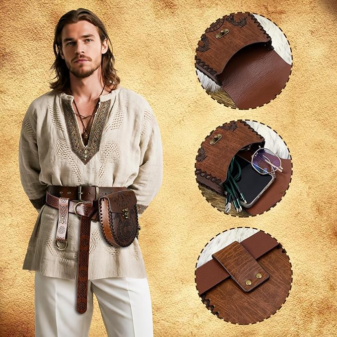 Nordic Embossed Belt Pouch Vintage Portable Waist Bag Renaissance Belt Set Medieval Side Pack for Cosplay Accessories (Brown)