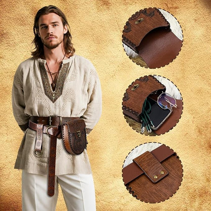 Nordic Embossed Belt Pouch Vintage Portable Waist Bag Renaissance Belt Set Medieval Side Pack for Cosplay Accessories (Brown)