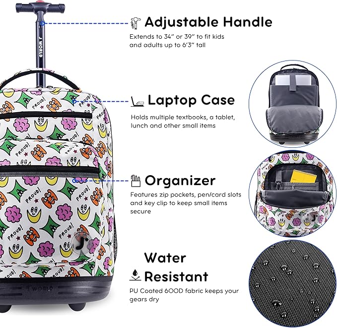 J World Sundance Laptop Rolling Backpack for Girls Boys. Roller Bookbag with Wheels, Proud