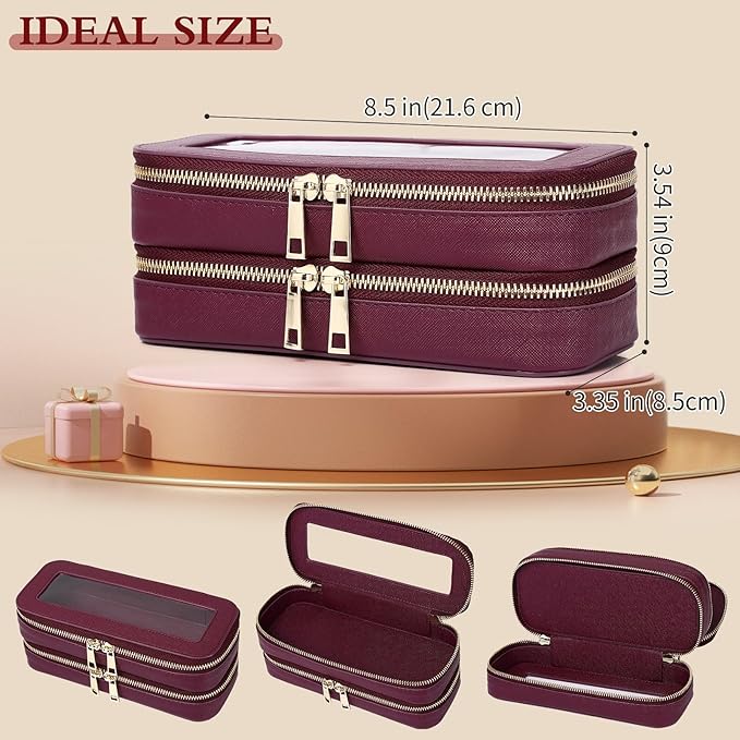 Pinkmik Double Layer Makeup Bag Makeup Brush Case Waterproof Travel Cosmetic & Toiletry Bag Purse Organizer and Car Essentials for Women (X/Burgundy, Double SLIM)