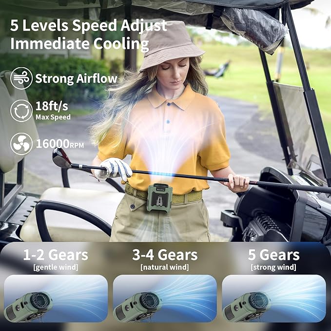 Socool 10000mAh Portable Waist Fan Clip on Wearable Belt Personal Fan Rechargeable Battery operated With 5 Speeds & Flashlight Neck Fan Hands-Free 40H Cooling For Outdoor Camping Travel (Green)