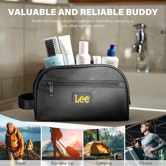 Lee Toiletry Bag for Men, PU Leather Travel Dopp Kit, Water-Resistant Men's Shaving Kit Bathroom Organizer, Gifts for Men