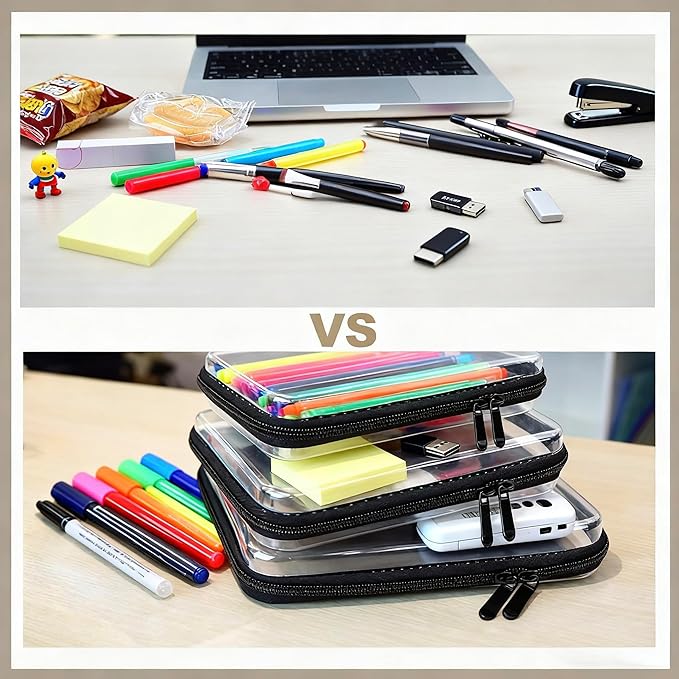 3PCS Clear Hard Shell Zipper Case,Toy Organizers and Storage Box,Clear Toiletry Cosmetic Case,Travel Makeup Bags, Diaper Bag Organizer,Pencil Case,Stackable Portable Transparent Zipper Pouches Black-M