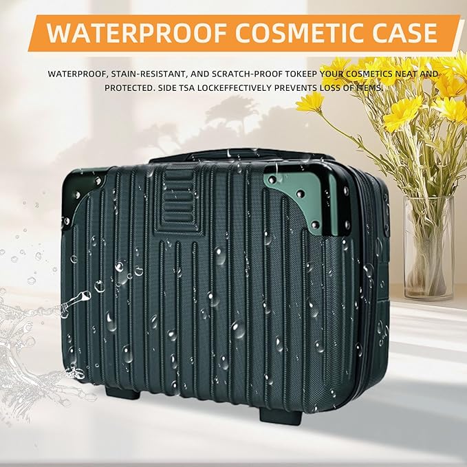 Dark Green 14inch Hard Shell Cosmetic Organizer Travel Train Hand Luggage Small Portable Carrying Suitcase Makeup Case Bag for Women Toiletry