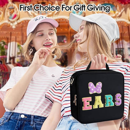 Chenille Letter Bow Mouse Ears Travel Case, Park Ears Headband Holder Hair Accessories Organizer Bag for Girls Women Kids Adults, Large Makeup Bag Snack Bags with Zipper for Travel Picnic - Black