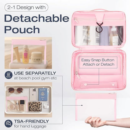 KAZAY Hanging Toiletry Bag with TSA Approved Detachable Pouch, Travel Toiletry Bag, Water Resistant, Premium Nylon, Travel Size Toiletries, Cosmetic Bag, Makeup Bag (Pink)