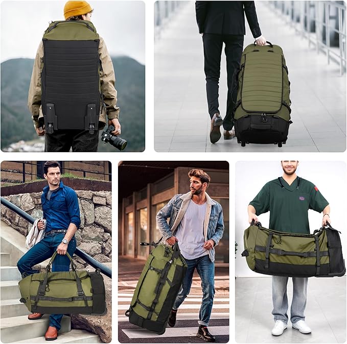 85L 29“ Foldable Rolling Backpack with Wheels, Soft-Side Travel Duffle Bag with Separate Shoe Compartment, Full Quilted Bottom, Army Green