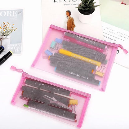 12 Pieces Zipper Nylon Mesh Pouch, Mesh Cosmetic Bags Makeup Bags Pencil Case, Multipurpose Travel Bags for Cosmetic School Office Supplies and Travel Accessories (Pink, A5+B6) (WB06)