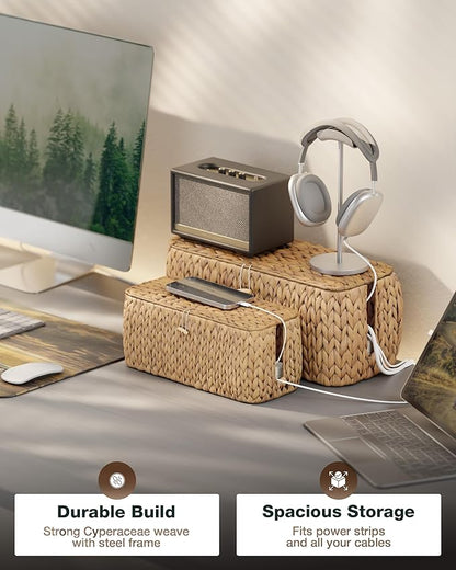 Large Cable Management Box, Natural Rattan Cable Cord Organizer Boxes for Power Strip – 2 Open Slots Cords Hider Box for TV Wires, Computer, Router, USB Hub and Under Desk Power Strip (Hyacinth)