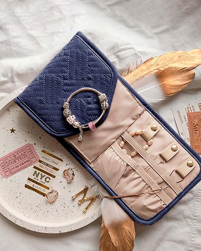 BAGSMART Travel Jewelry Organizer Case Foldable Jewelry Roll for Journey Rings, Necklaces, Earrings, Bracelets,Mini,Smokey Blue