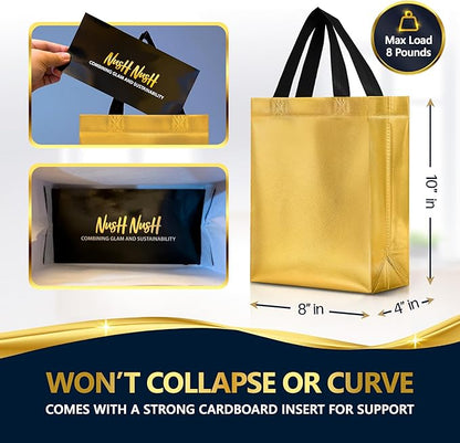 Nush Nush Set of 30 Shiny Gold Gift Bags Bulk - Medium Size Gold Reusable Gift Bags with Handles - For Christmas, Business, Bachelorette, Bridesmaids, Birthday Goodies and Party Favors - 8Wx4Dx10H