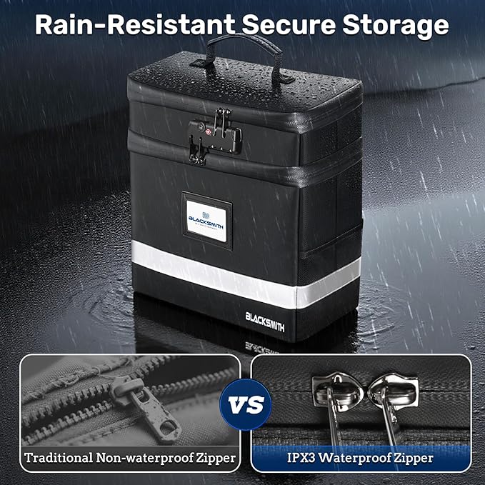 BlackSmith Fireproof Document Box With Lock, 4200°F Heat Resistant & IPX3 Waterproof 2 Layer Document Bag with Hanging File Organizer for Letter Size, Portable File Safe Box for Office, Travel