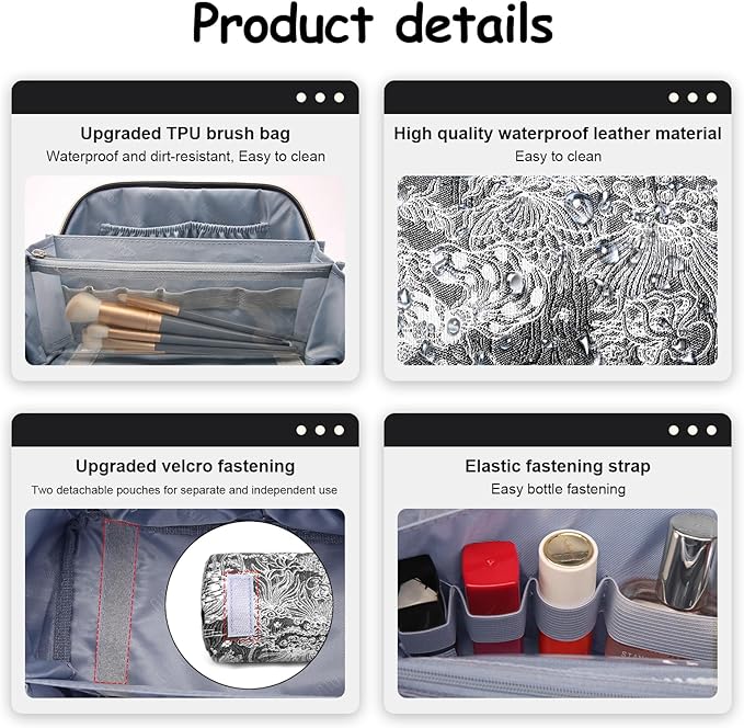 BOYATU Travel Makeup Bag for Women: Large Capacity Make up Bag with Compartments - Vegan Leather Cosmetic Bag set of 3 - Waterproof Toiletry Bag with Handle & Divider(E-2-Black)