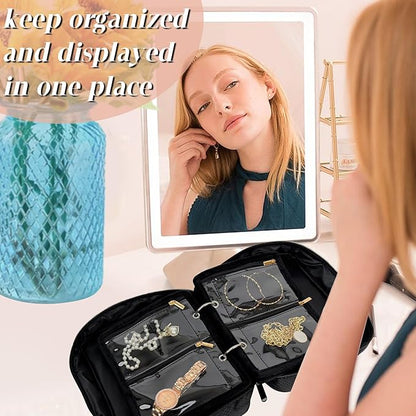 Travel Jewelry Organizer Case,Jewelry Bags for Traveling, Jewelry Binder with 24 Pcs Clear Zipper Velvet Pouches for Storing Earrings, Rings, Necklace, Bracelet, Watch (Black)