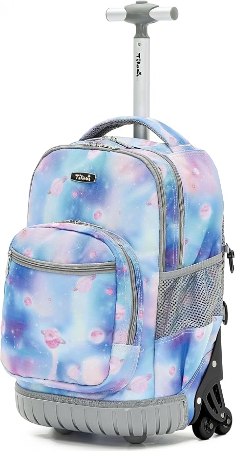 NEW TILAMI 18 Inch Rolling Backpack with Wheels for Girls Boys Kids Laptop Backpack School Travel, Purple Star