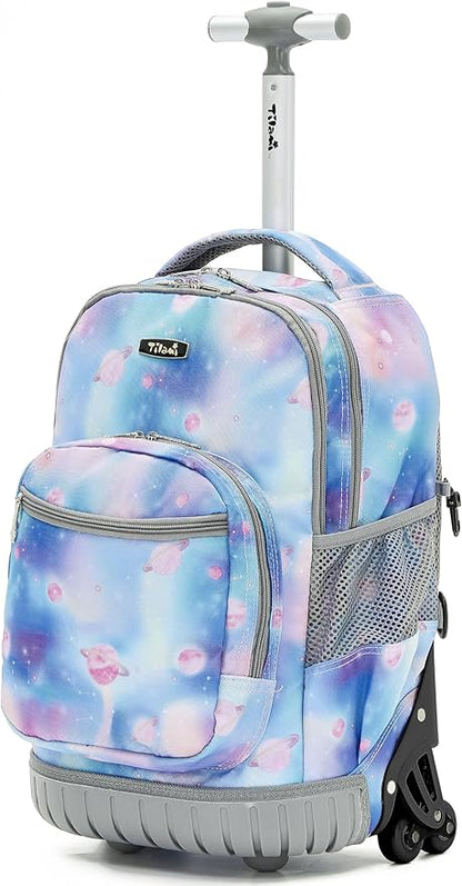 NEW TILAMI 18 Inch Rolling Backpack with Wheels for Girls Boys Kids Laptop Backpack School Travel, Purple Star