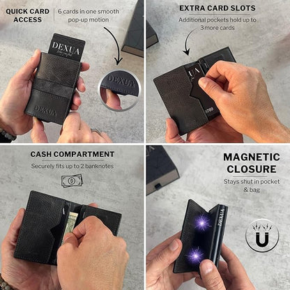 Mens Wallet, Premium Leather Slim Wallet, RFID Blocking Pop-Up Card Holder, Extra Credit Card Slots, Cash Slot, Magnetic Closure, Christmas Gift Ready Gift Box Included