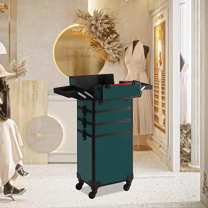 Makeup Train Case, Rolling Makeup Case with Lid, 5 in 1 Cosmetology Case on Wheels, Christmas Gift, Large Makeup Case Organizers, Profesional Cosmetic Case for Salon Barber, Black Green