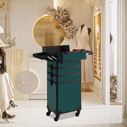 Makeup Train Case, Rolling Makeup Case with Lid, 5 in 1 Cosmetology Case on Wheels, Christmas Gift, Large Makeup Case Organizers, Profesional Cosmetic Case for Salon Barber, Black Green