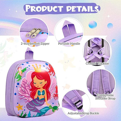 Sanwuta 4 Pcs Kids Luggage Set Backpack Travel Rolling Suitcase U-shape Pillow Christmas Children Gift for Girls Boys(20 Inch,Mermaid Style,Purple)