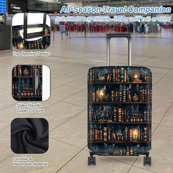 Luggage Cover Protector for 26-28 Inch Suitcases, TSA Approved Elastic Travel Suitcase Covers, Anti-Scratch Washable Luggage Sleeve for Carry On & Checked Bags, Drawn Bookshelv
