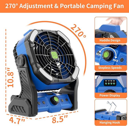 20000mAh Battery Powered Fan Rechargeable,Portable Fan for Travel Battery Operated with LED Lantern,270°Rotation,USB Personal Fans Camping Essentials Gear Tent Cordless Battery Fans Portable X26 Blue